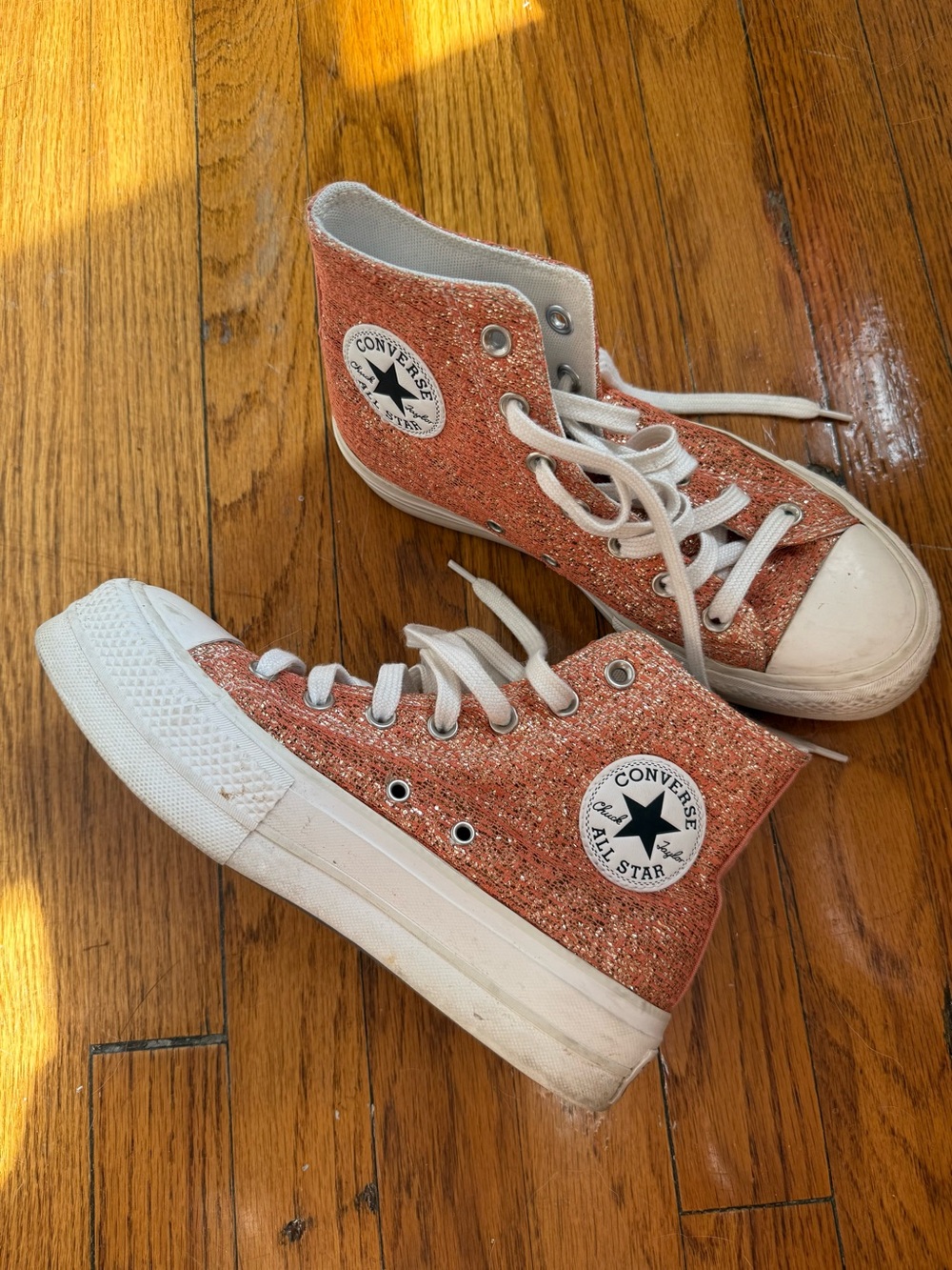 Sparkly orange and gold platform converse